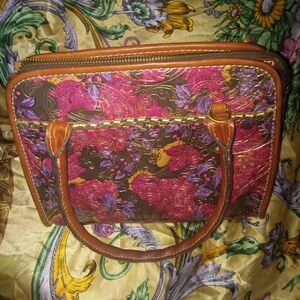Patricia Nash Floral Embossed Brown Handbag with Pink & Purple Accents